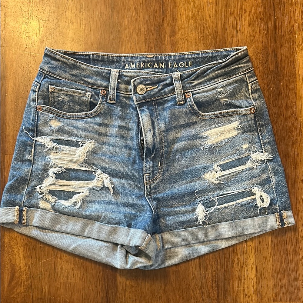 American Eagle Outfitters Blue Jean Shorts with Distressed Details